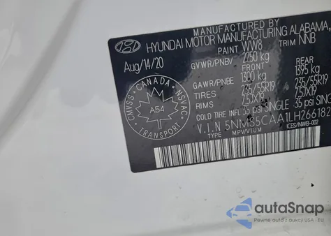 2020 Hyundai Santa Fe Limited from USA, damaged, VIN 5NMS5CAA1LH266182